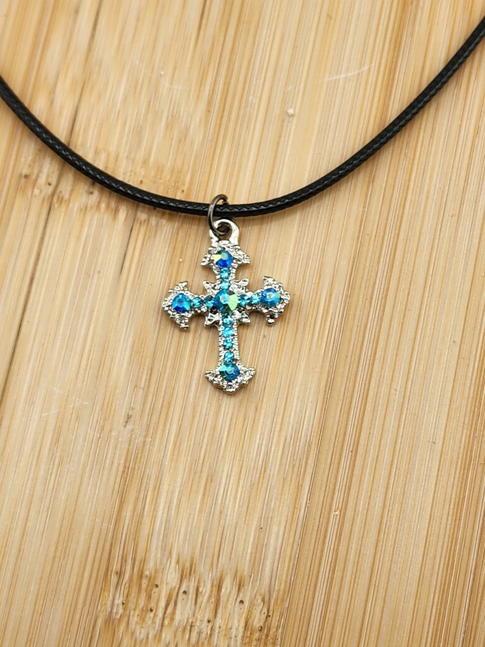Silver Tone Cross Pendant Necklace with Blue Opal Crystals - Women Jewelry